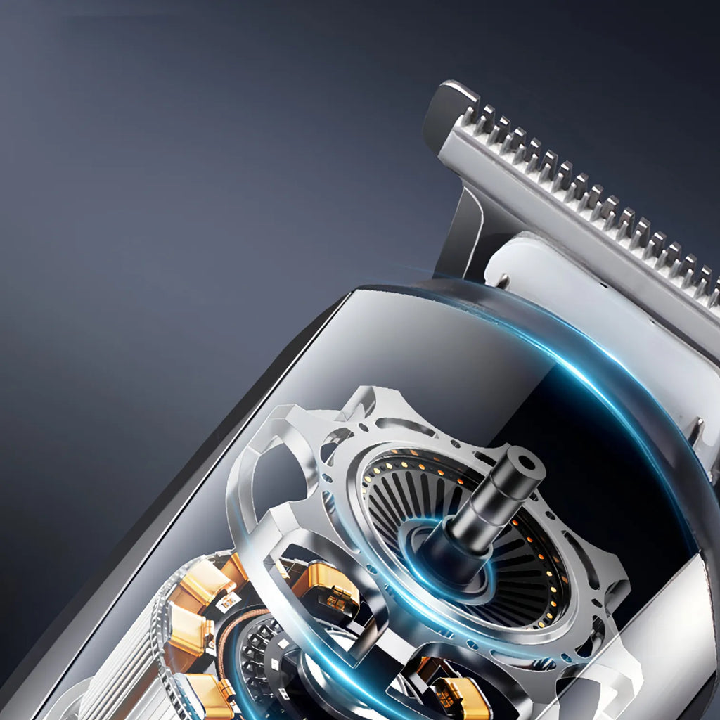Close-up of a Sekoda Hair Clipper mechanism with metallic and blue elements on a dark background