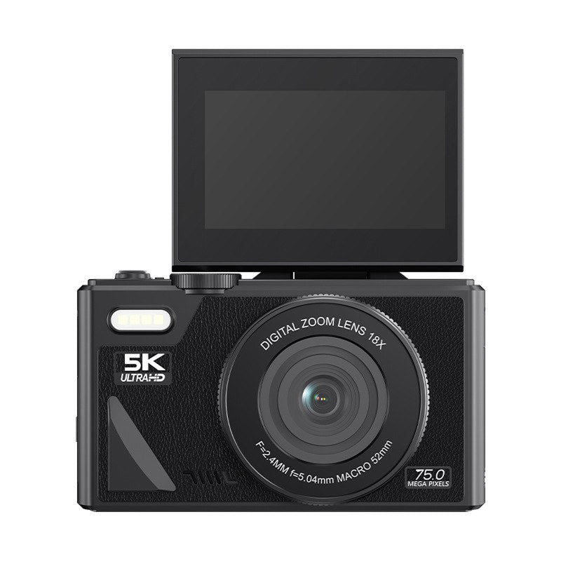 Black ShotRiso Digital Camera with a screen on top, featuring 5K Ultra HD and other specifications.