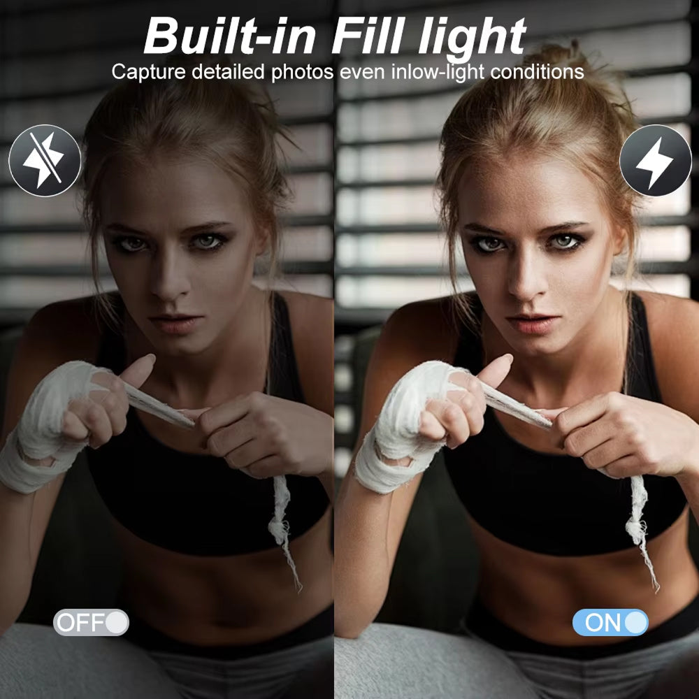 Before and after comparison of a woman with boxing gloves using built-in fill light feature.
