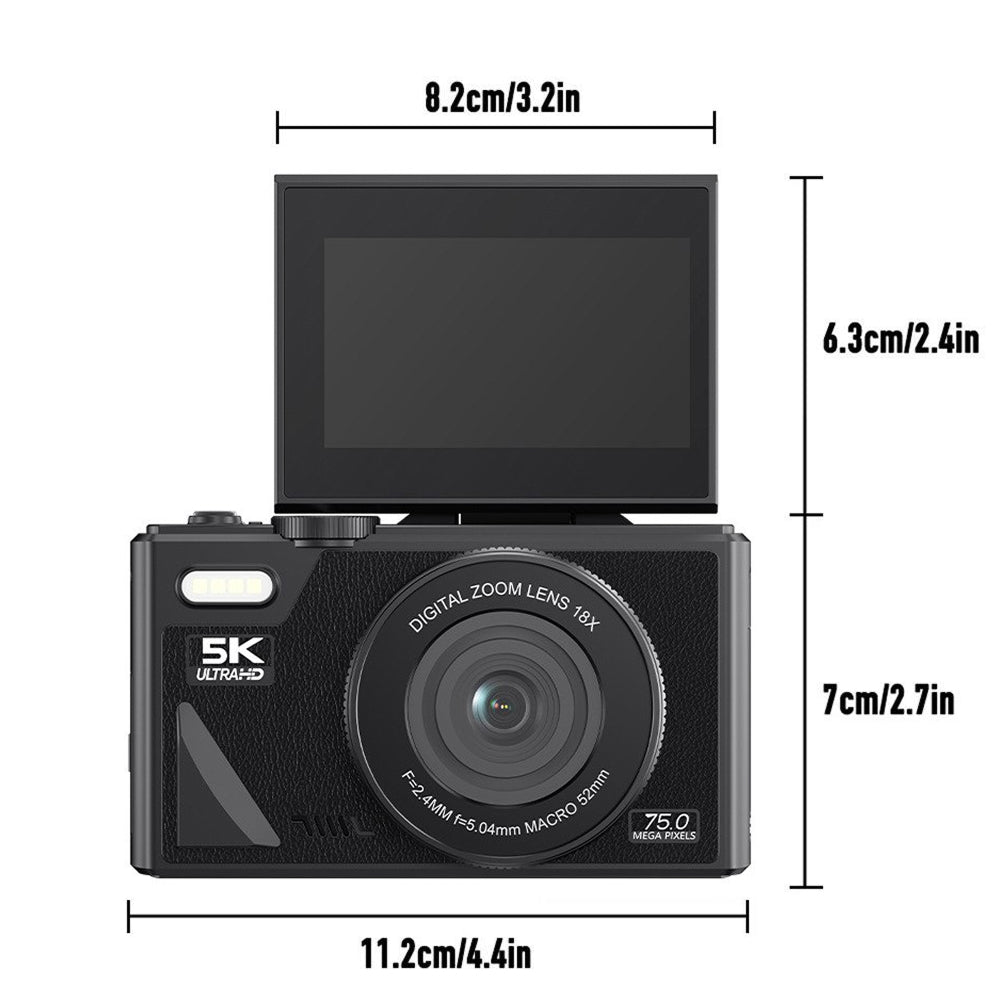 Black ShotRiso Digital Camera with dimensions labeled on a white background