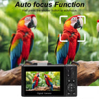 ShotRiso Digital Camera with parrot on a branch, highlighting auto focus feature.