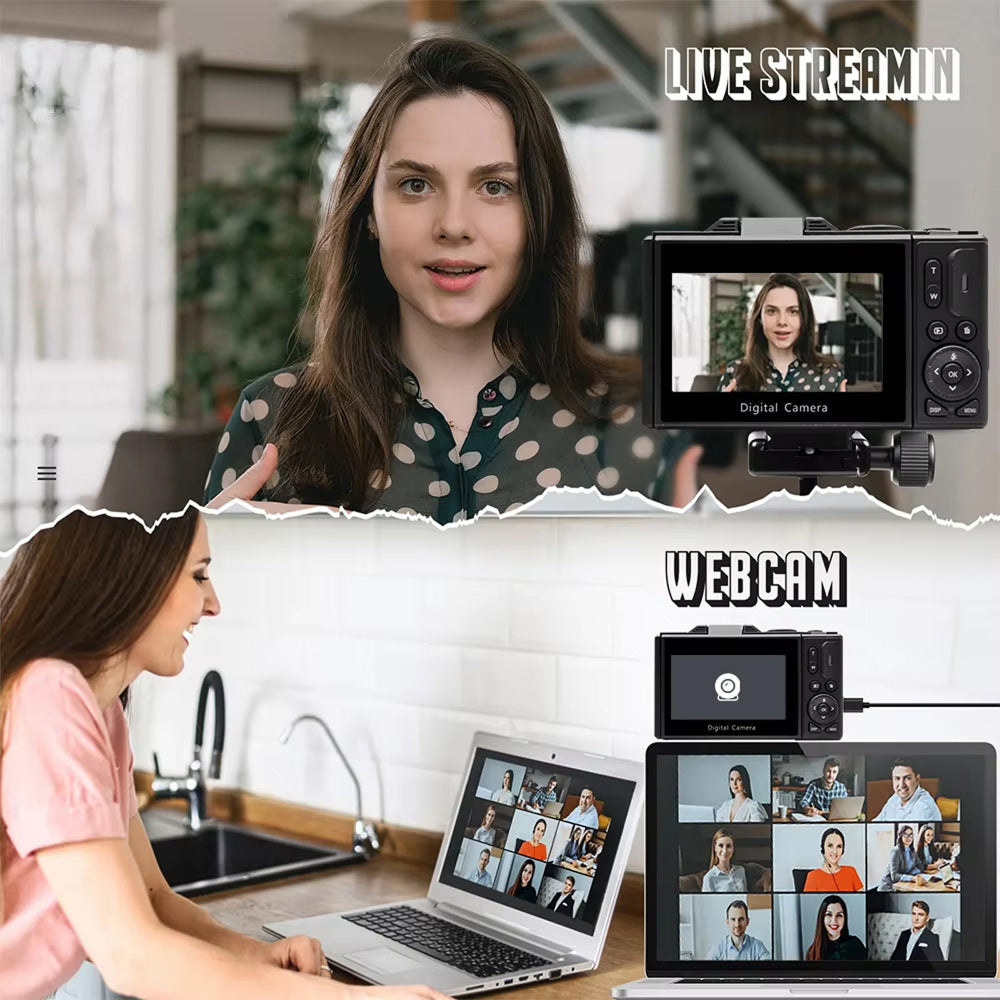 Woman using a webcam for live streaming with a close-up of the camera equipment.