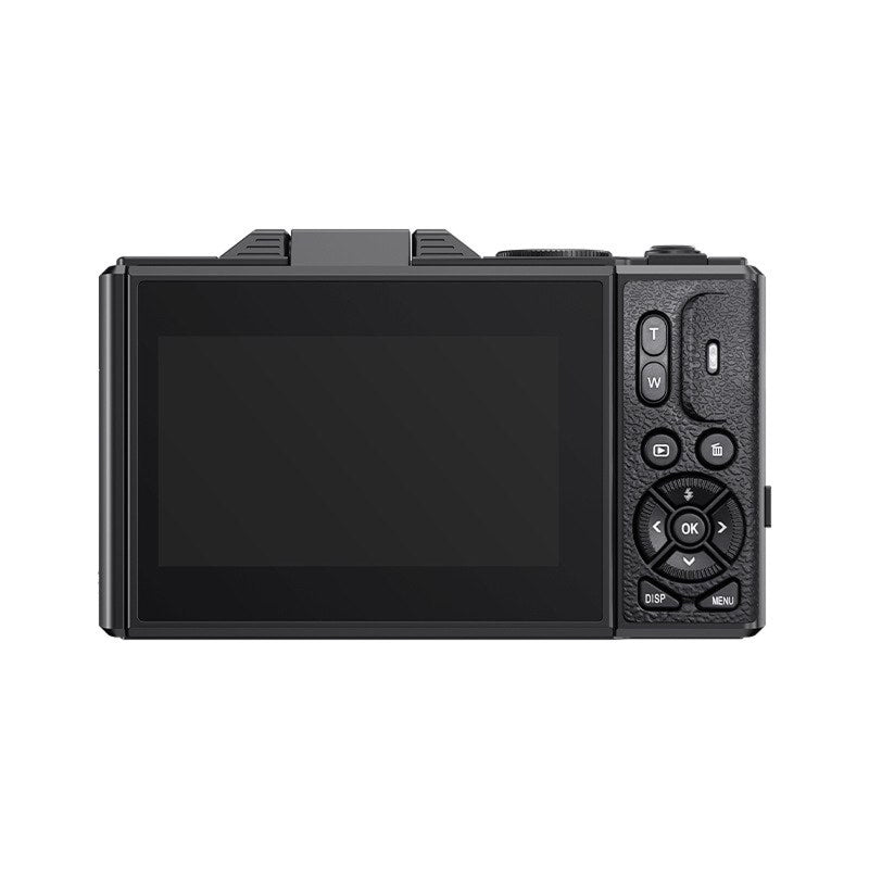 Black ShotRiso Digital Camera with a screen and control buttons on a white background