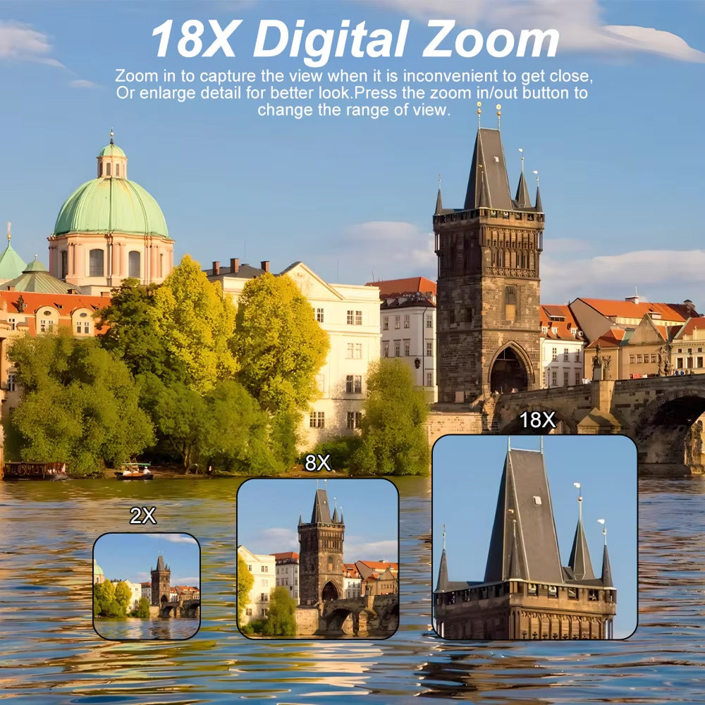 Cityscape with zoomed-in views showing architectural details, featuring '18X Digital Zoom' text.