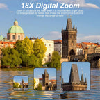 Cityscape with zoomed-in views showing architectural details, featuring '18X Digital Zoom' text.