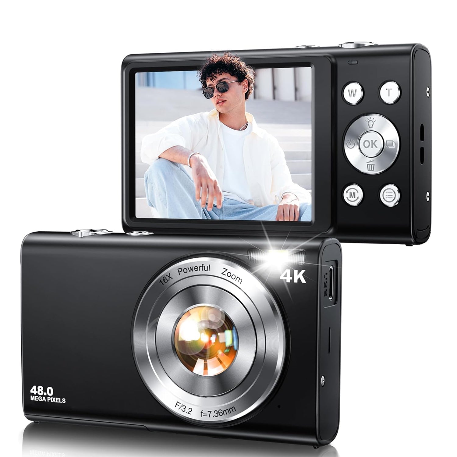 ShotyReal Digital Camera with screen displaying a person, memory card, batteries, and additional camera on a white background