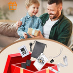 Man and child with a ShotyReal Digital Camera and accessories on a table, gift box in the corner.
