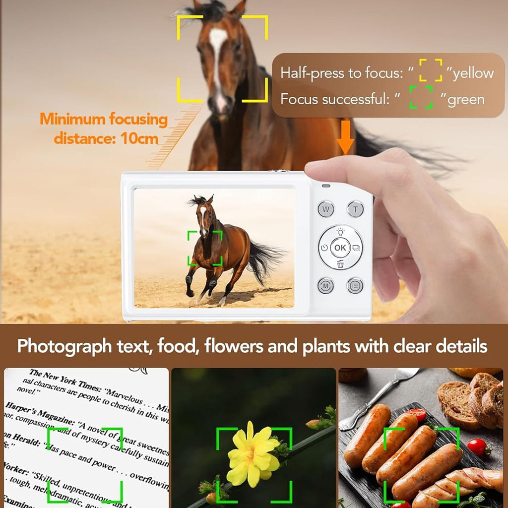 Hand holding a ShotyReal Digital Camera with a screen displaying a horse, and text about camera features and uses.