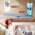 Product packaging with smartphone, woman wearing lanyard, and child with plush toy on a beige background