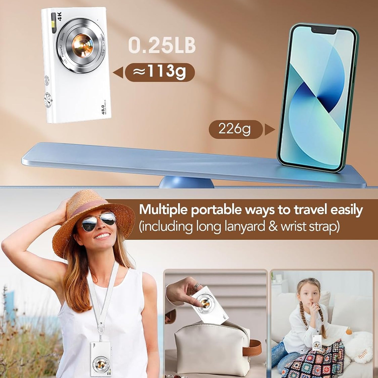 Product packaging with smartphone, woman wearing lanyard, and child with plush toy on a beige background