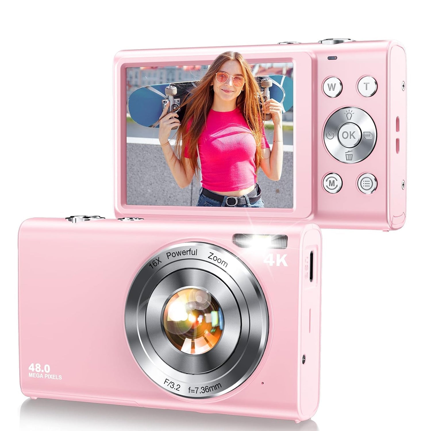 Pink ShotyReal Digital Camera with screen, lens, and accessories on a white background