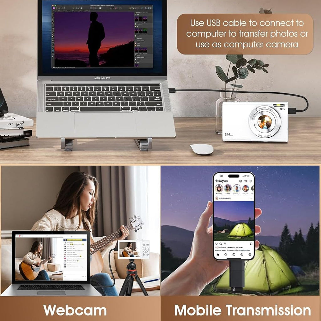 Collage of a laptop with webcam, ShotyReal Digital Camera, and smartphone showing web transmission on a desk.