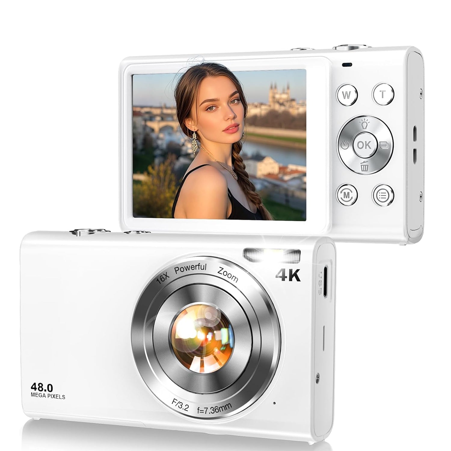 ShotyReal Digital Camera with screen displaying a photo, memory card, batteries, and camera on a white background