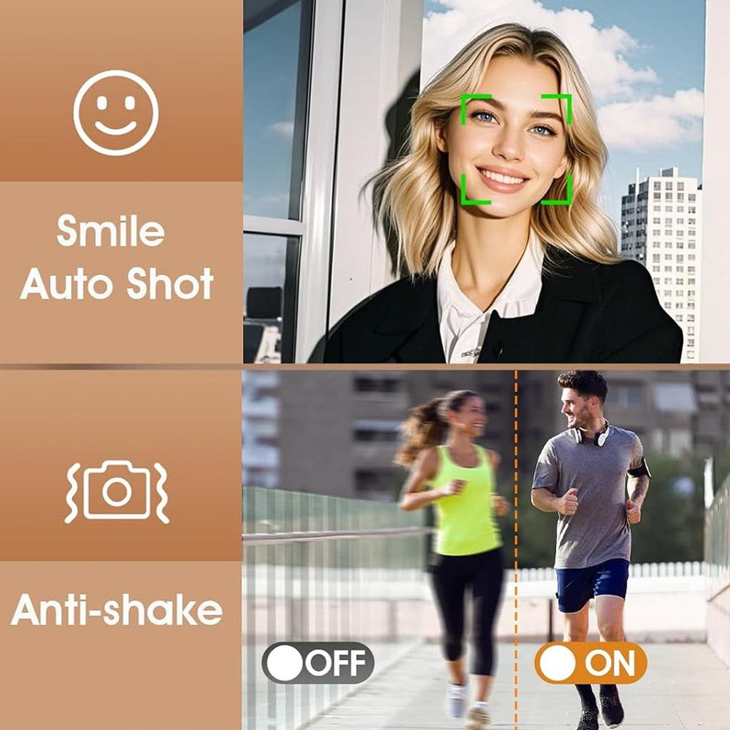 Woman smiling with 'Smile Auto Shot' feature and two people running with 'Anti-shake' feature on/off comparison.