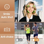 Woman smiling with 'Smile Auto Shot' feature and two people running with 'Anti-shake' feature on/off comparison.