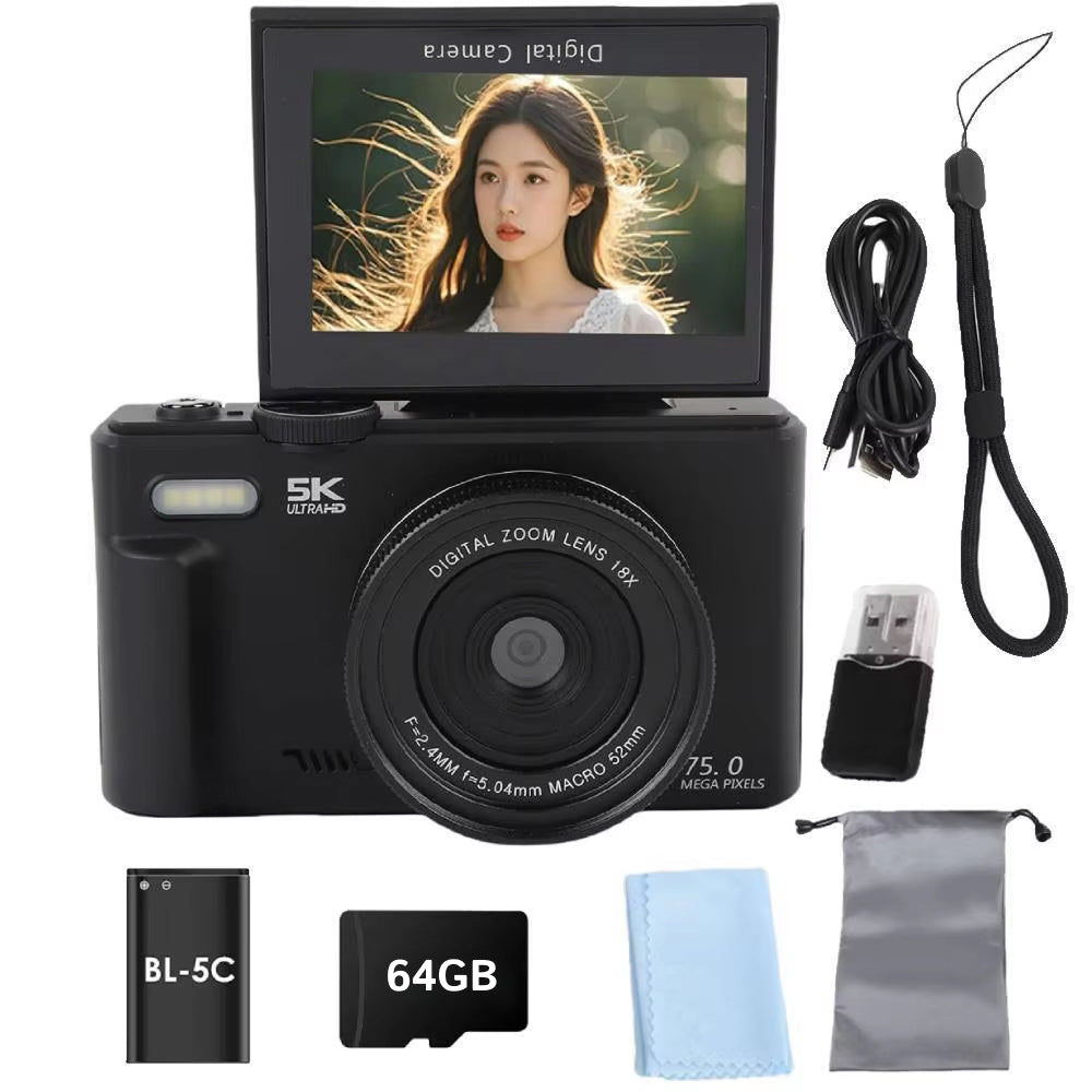 ShotyReal V2 Digital Camera with screen, accessories on a white background