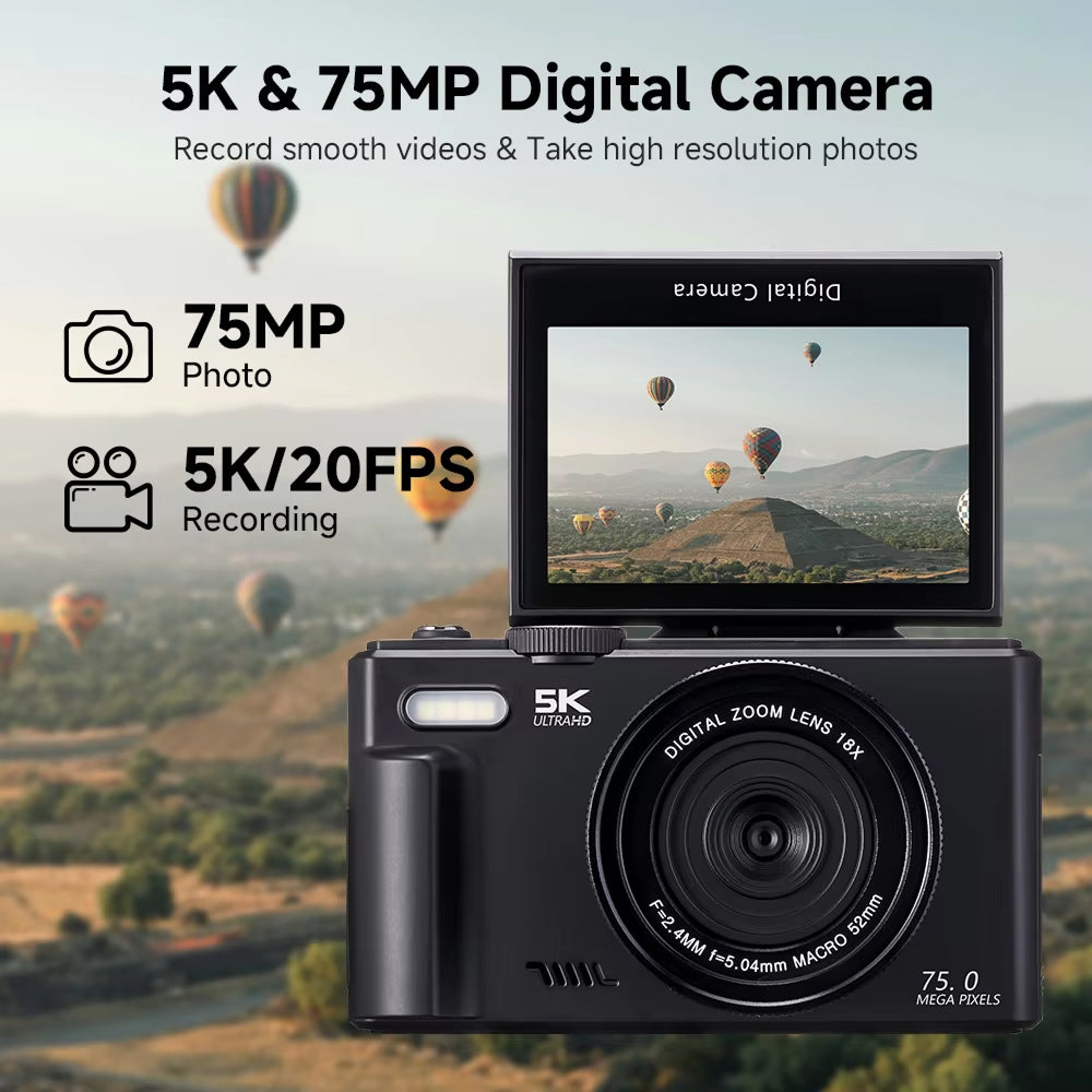 ShotyReal V2 Digital Camera with 5K and 75MP capabilities, displayed against a scenic background with hot air balloons.