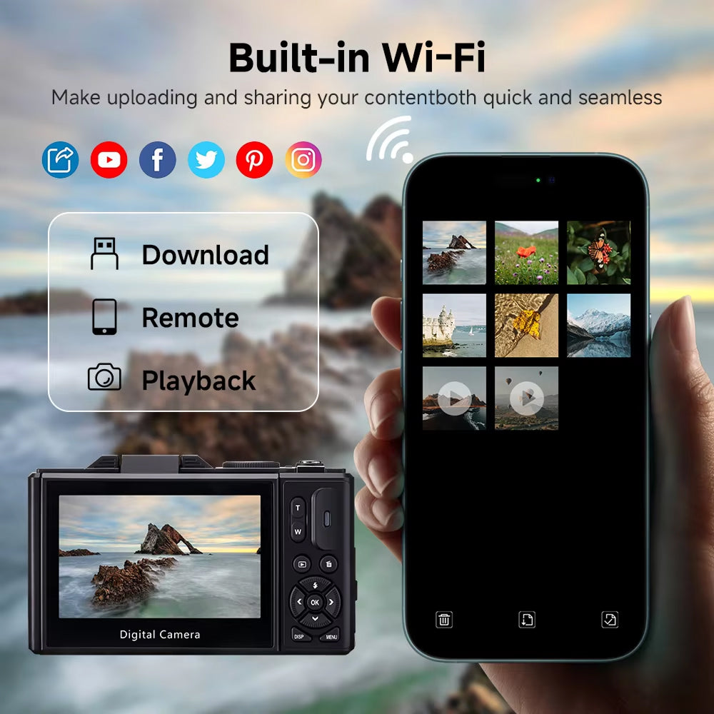 ShotyReal V2 Digital Camera and smartphone showing built-in Wi-Fi features with scenic background