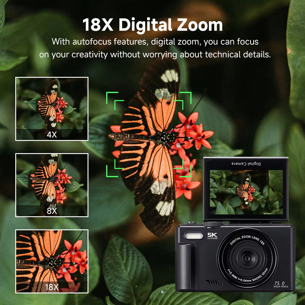 ShotyReal V2 Digital Camera with 18X digital zoom feature showing a butterfly on a flower with close-up shots of the butterfly.