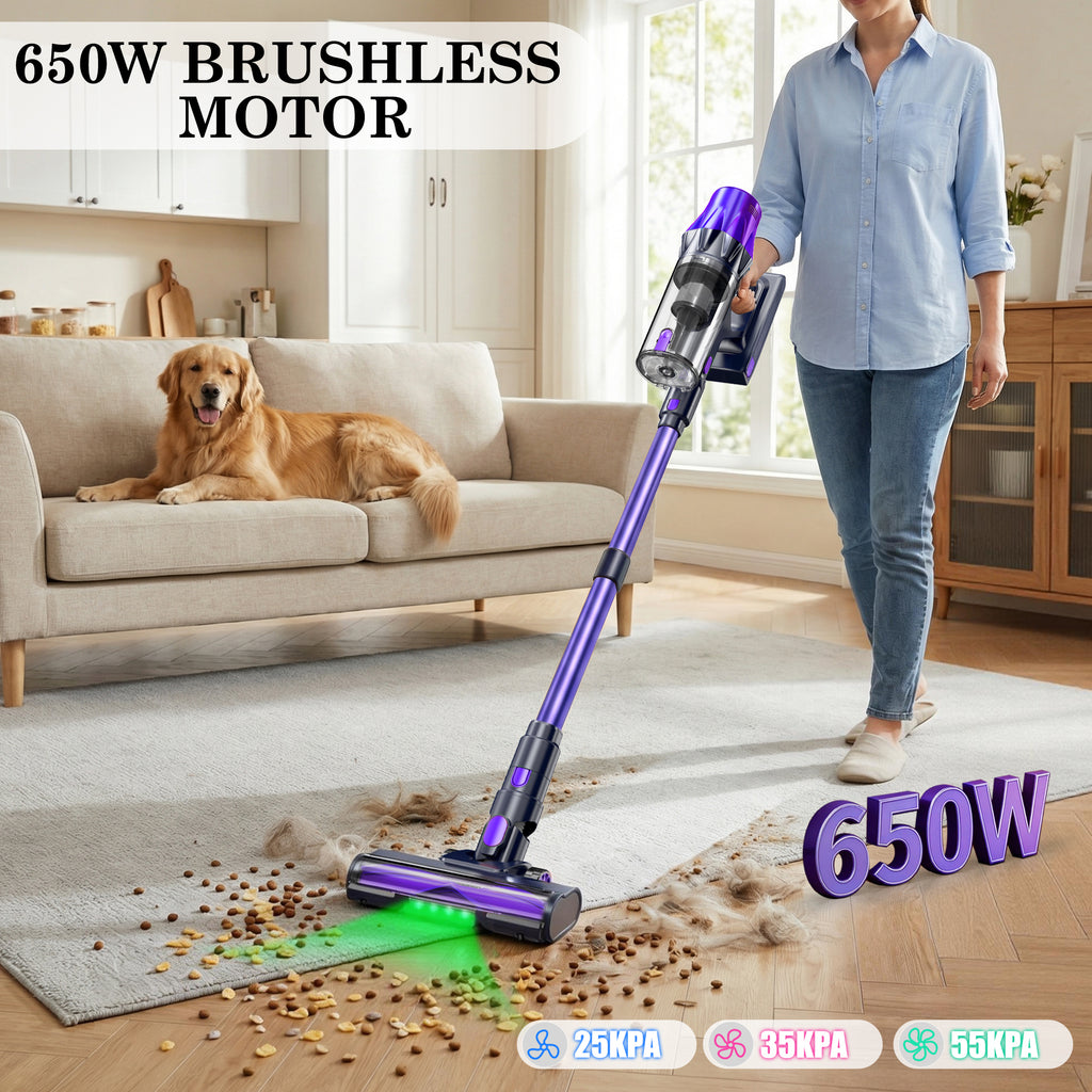 Woman using a purple Sixpad S80 Cordless Vacuum Cleaner in a living room with a dog on a couch.