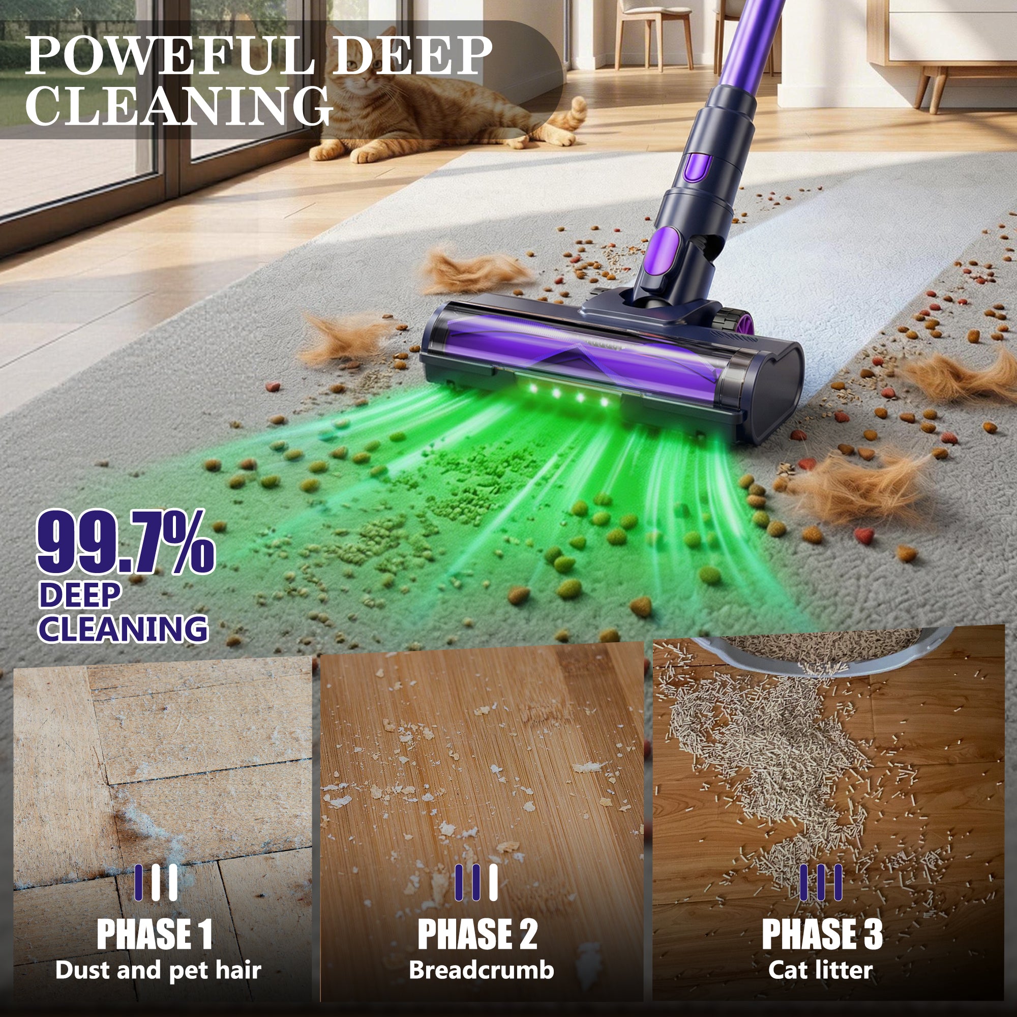 Sixpad S80 Cordless Vacuum Cleaner a carpet with text highlighting deep cleaning capabilities.