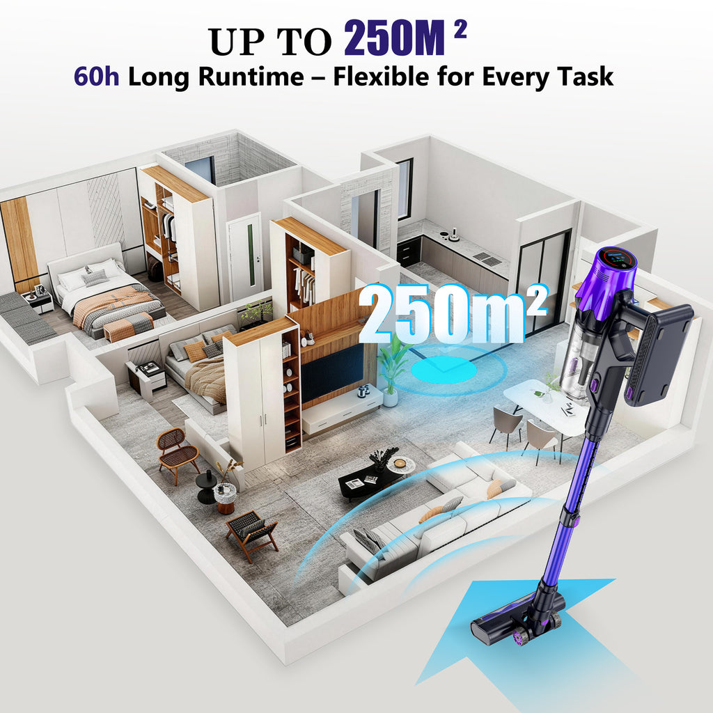 Sixpad S80 Cordless Vacuum Cleaner with cleaning area indicator on a floor plan of a house, highlighting its coverage area.