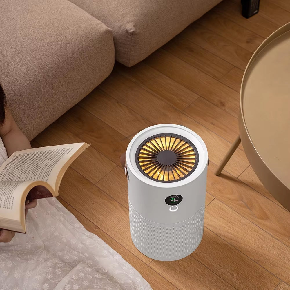 SkyPhis Air Purifier on a wooden floor with a person reading a book in the background