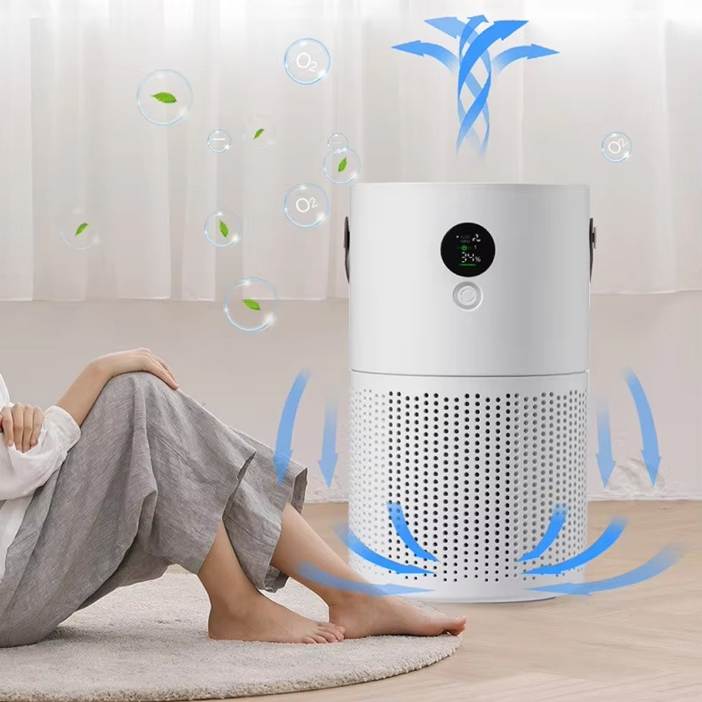 SkyPhis Air Purifier in a room with a person sitting on the floor