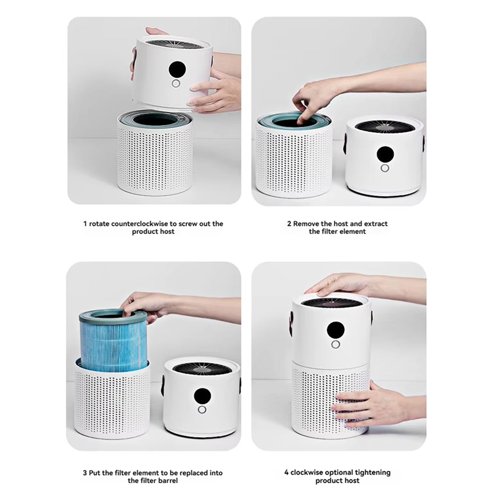 Four-panel instructional diagram showing how to remove and replace the filter element on a white cylindrical SkyPhis Air Purifier. The panels include step-by-step text instructions and show hands interacting with the product.