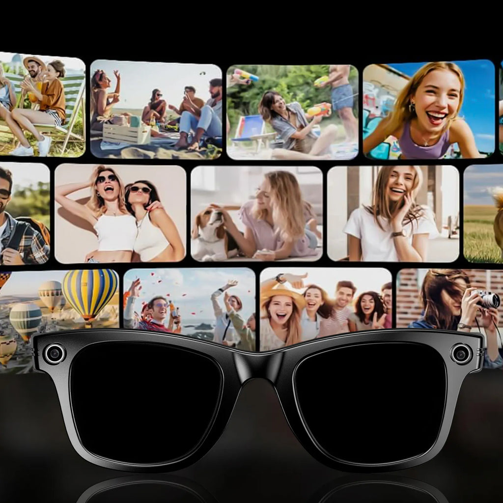 Collage of people enjoying outdoor activities with a pair of Smaven AI Smart Glasses in the foreground.