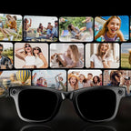 Collage of people enjoying outdoor activities with a pair of Smaven AI Smart Glasses in the foreground.