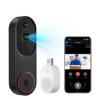 A Smaven Doorbell Camera in black with a red ring around the bell button, shown alongside a small white USB speaker and a smartphone displaying a live front door video feed. A blue light beam graphic emanates from the doorbell lens.
