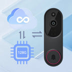 Black Smaven Doorbell Camera with cloud icon, storage capacity indicator, and bell symbol on a light blue background