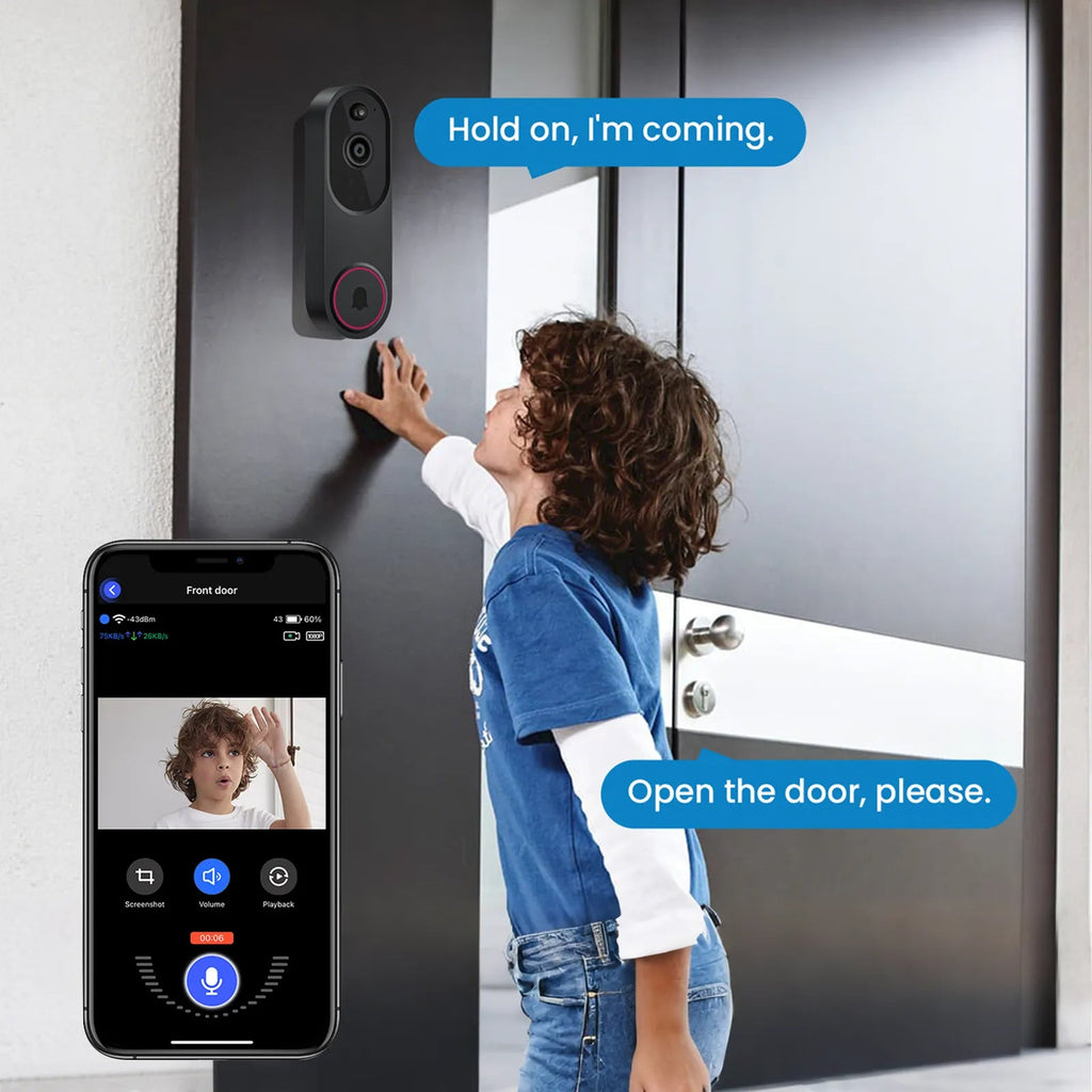 Smart Smaven Doorbell Camera with smartphone app interface and child interacting with it.