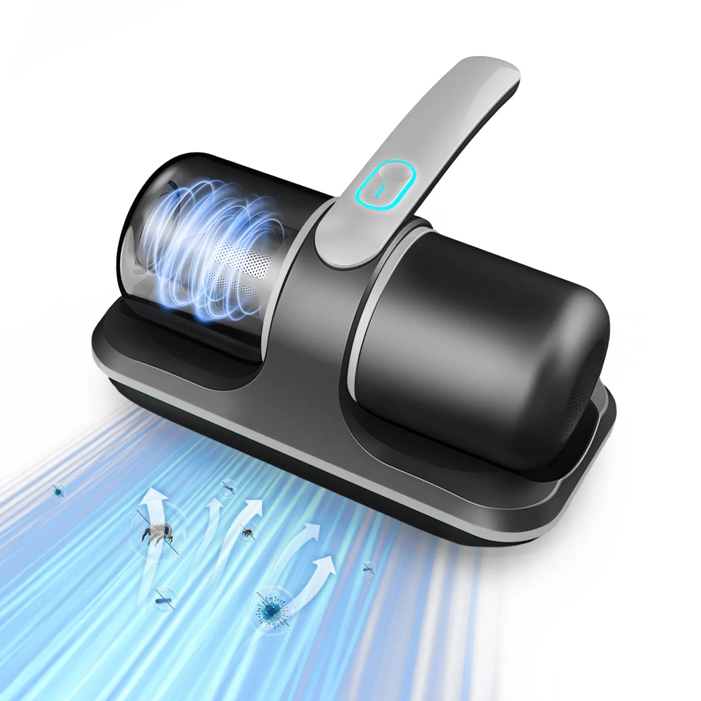 Black handheld Smaven Mattress Vacuum Cleaner with blue light on a white background