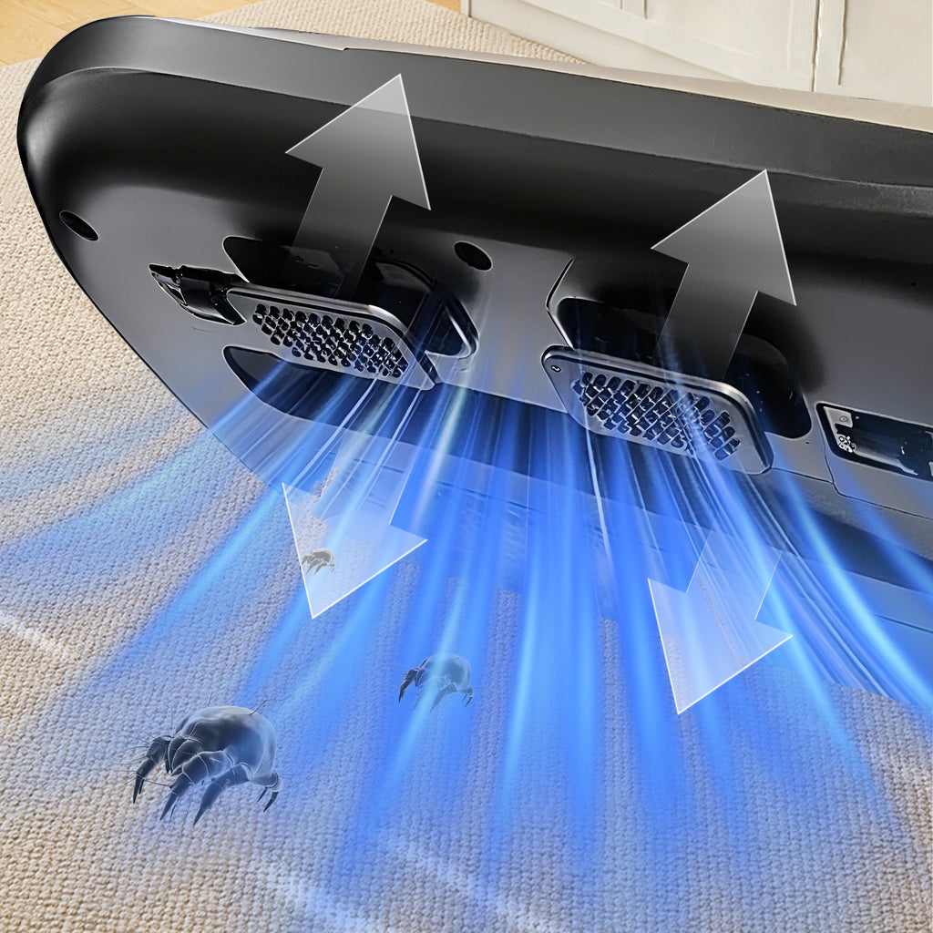 Smaven Mattress Vacuum Cleaner with blue light and arrows indicating airflow on a textured surface.
