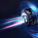 High-tech turbine or engine component with colorful light effects on a dark background