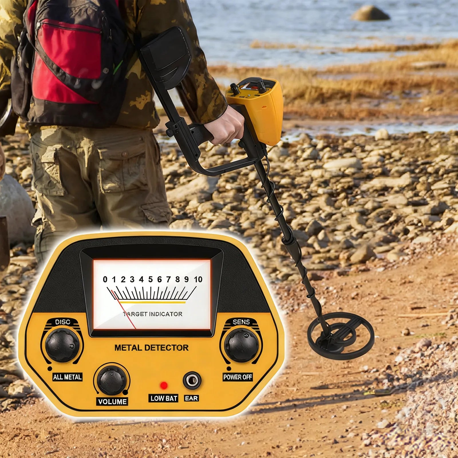 Person using a Smaven Metal Detector on a rocky beach