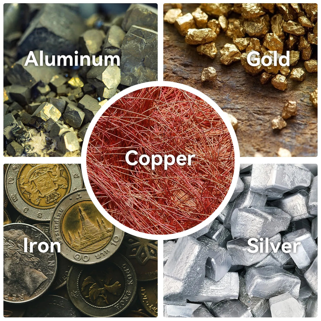 Collage of various metals including aluminum, gold, copper, iron, and silver with close-up shots and labels.