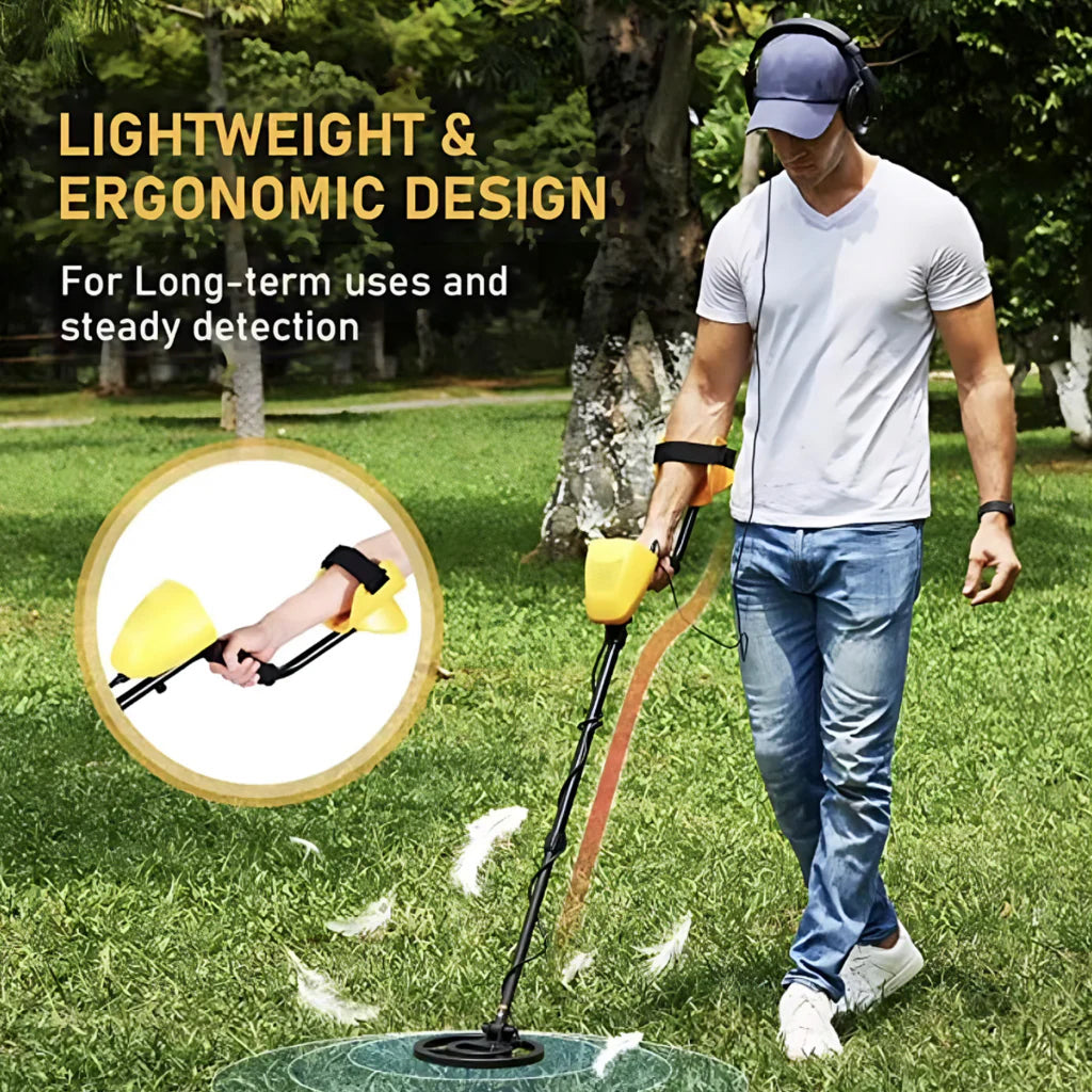Person using a Smaven Metal Detector in a grassy area with text highlighting design features.