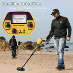 Person using a Smaven Metal Detector on a beach with text 'Seaside Detection' and 'Detecting all kinds of metals'.