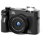 A black Smaven Roam D7 Digital Camera with a zoom lens, shown at a three-quarter angle on a white background with a simulated flash reflection.