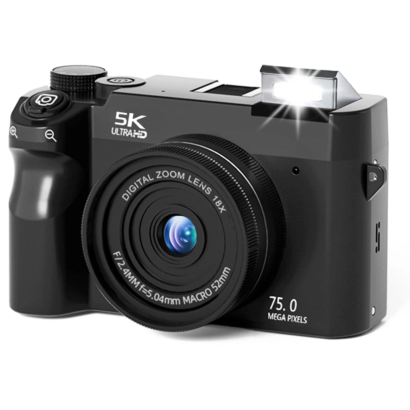 A black Smaven Roam D7 Digital Camera with a zoom lens, shown at a three-quarter angle on a white background with a simulated flash reflection.
