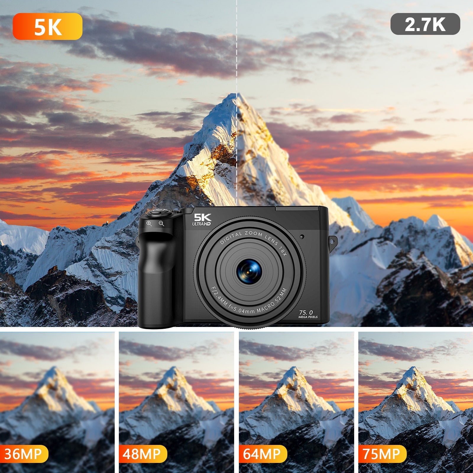 Smaven Roam D7 Digital Camera with resolution indicators over a mountain landscape