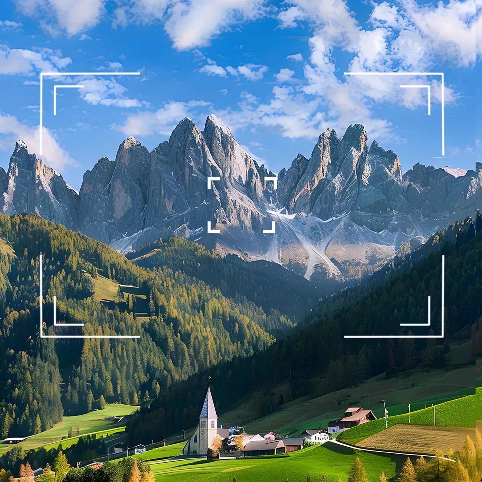 Mountainous landscape with a village and church at the foot of snow-capped peaks.