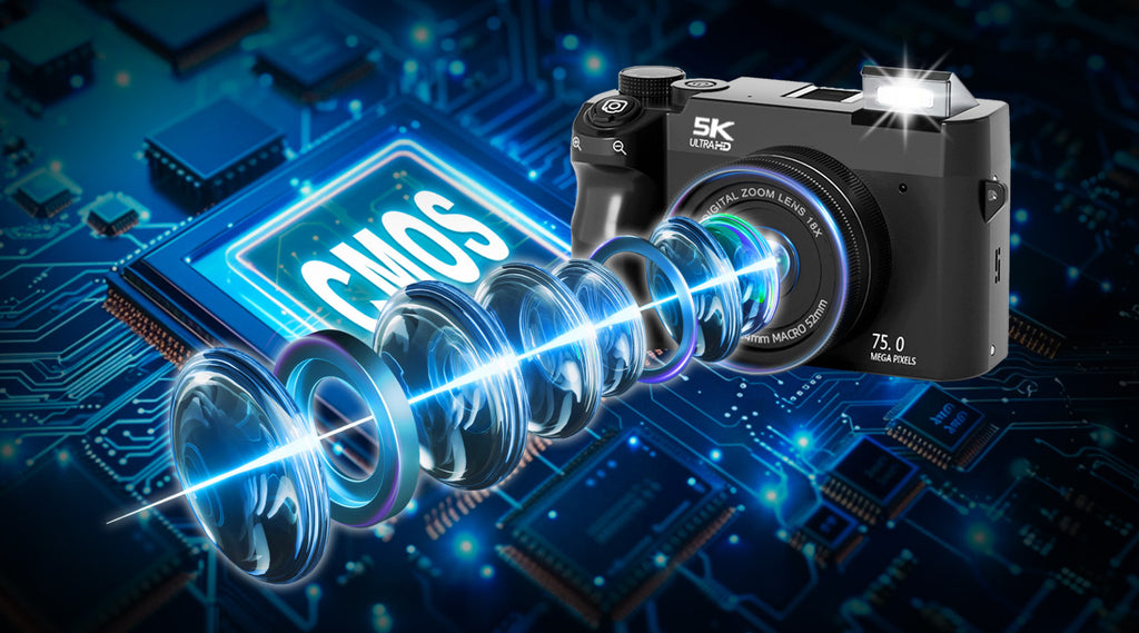 Smaven Roam D7 Digital Camera with lens and CMOS chip on a digital circuit board background