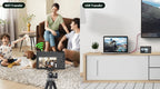 Split-screen comparison showing a security Smaven Roam D7 Digital Camera setup in two home environments. The left side, labeled 'WIFI Transfer', shows a family and dog in a living room with a camera on a tripod, alongside a laptop and small monitor.