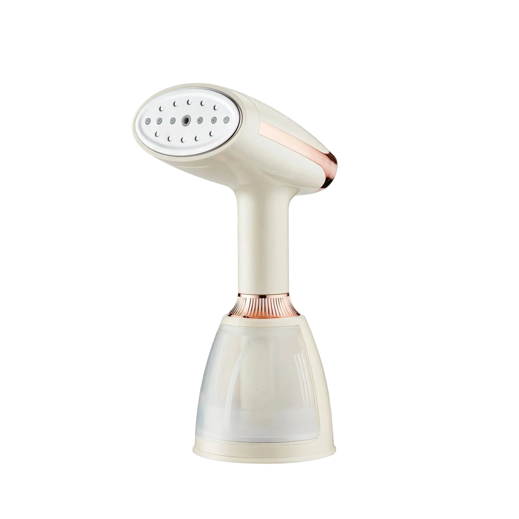 White handheld Smaven Steamer with rose gold accents on a white background