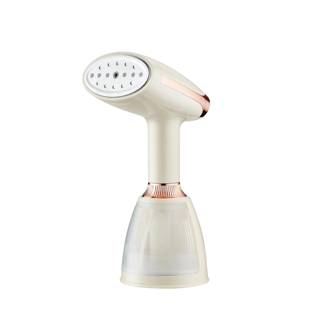 White handheld Smaven Steamer with rose gold accents on a white background
