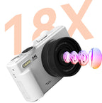 White snapprux digital camera with lens and colorful light effects on a white background